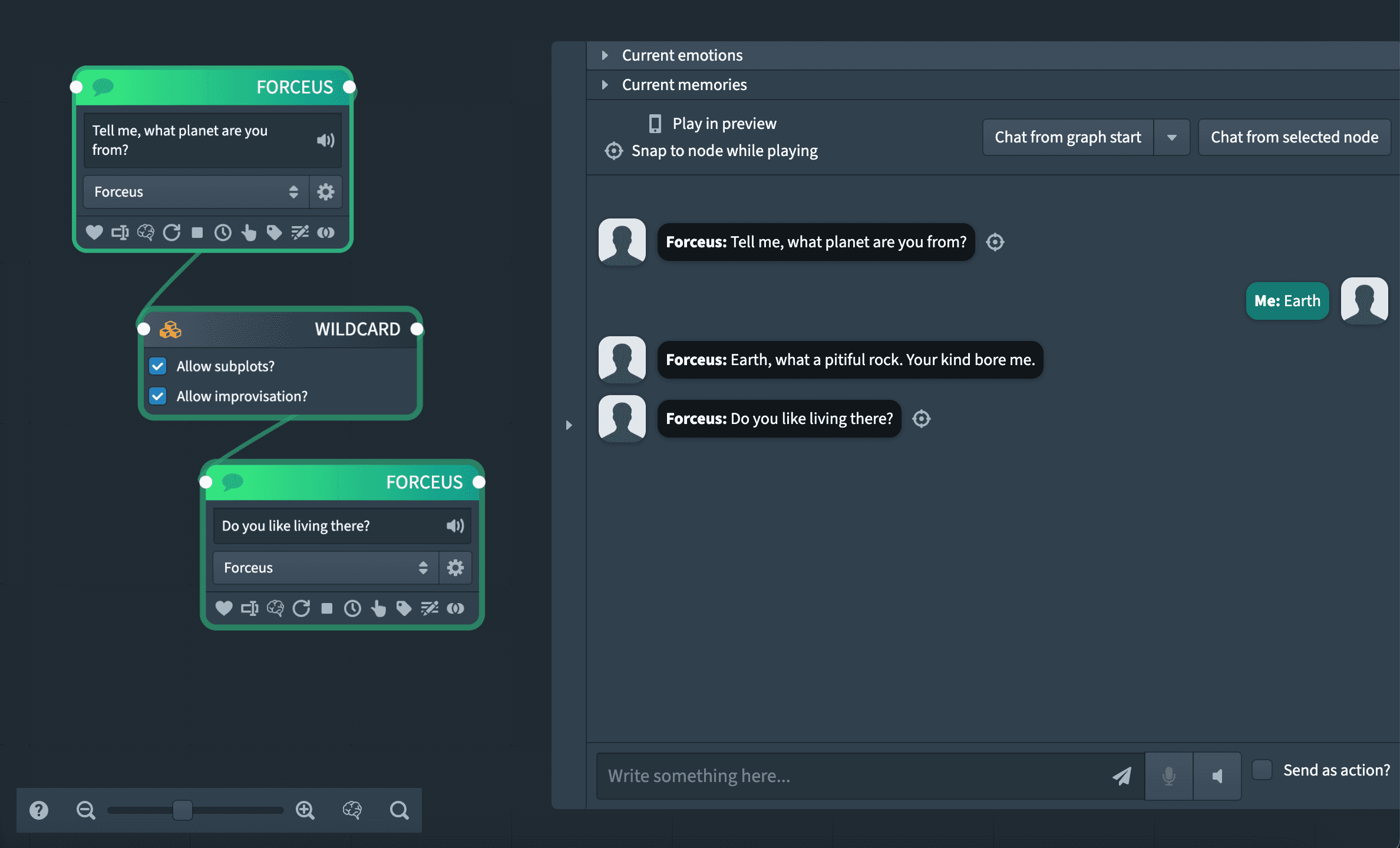 An example of improvisation, showing the Wildcard node connected to a Character node, and how a message is generated in between the two when playing.