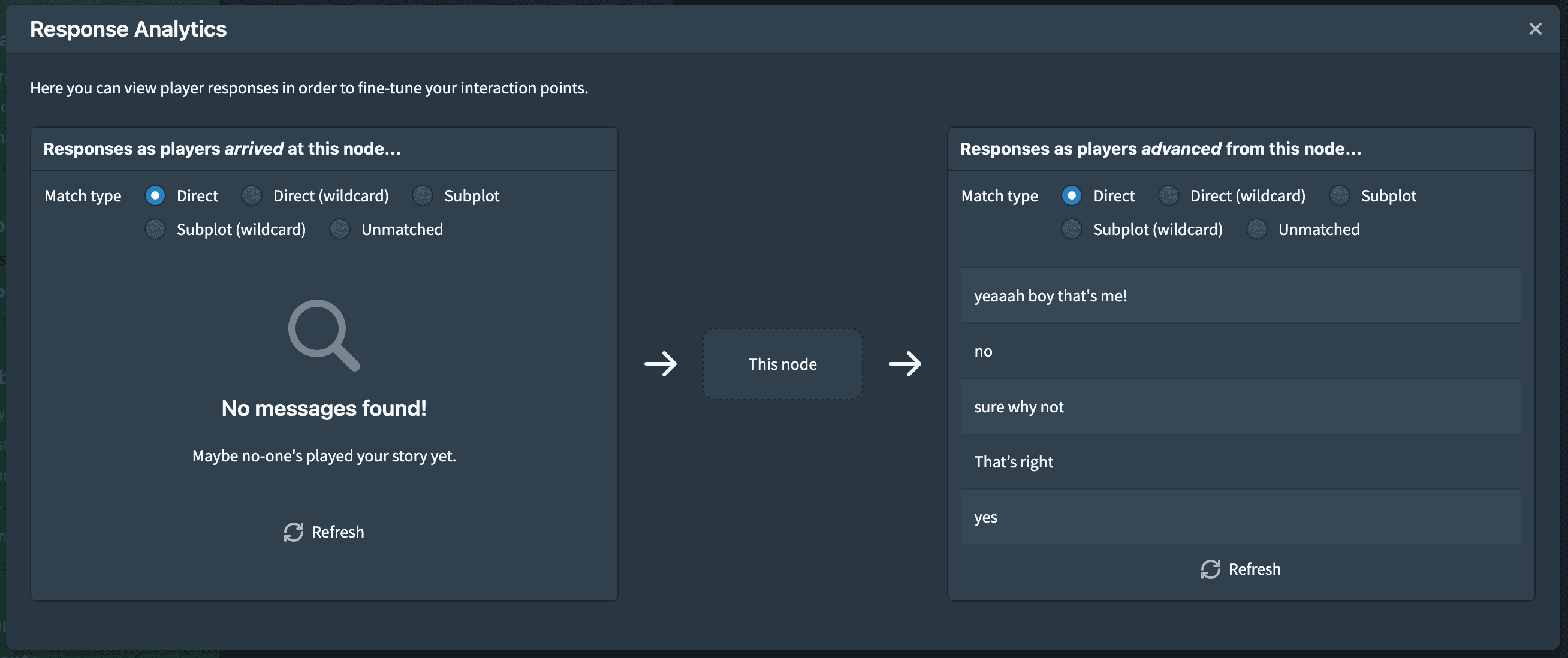 Node analytics on a Character node, showing a few examples of what players said after this node