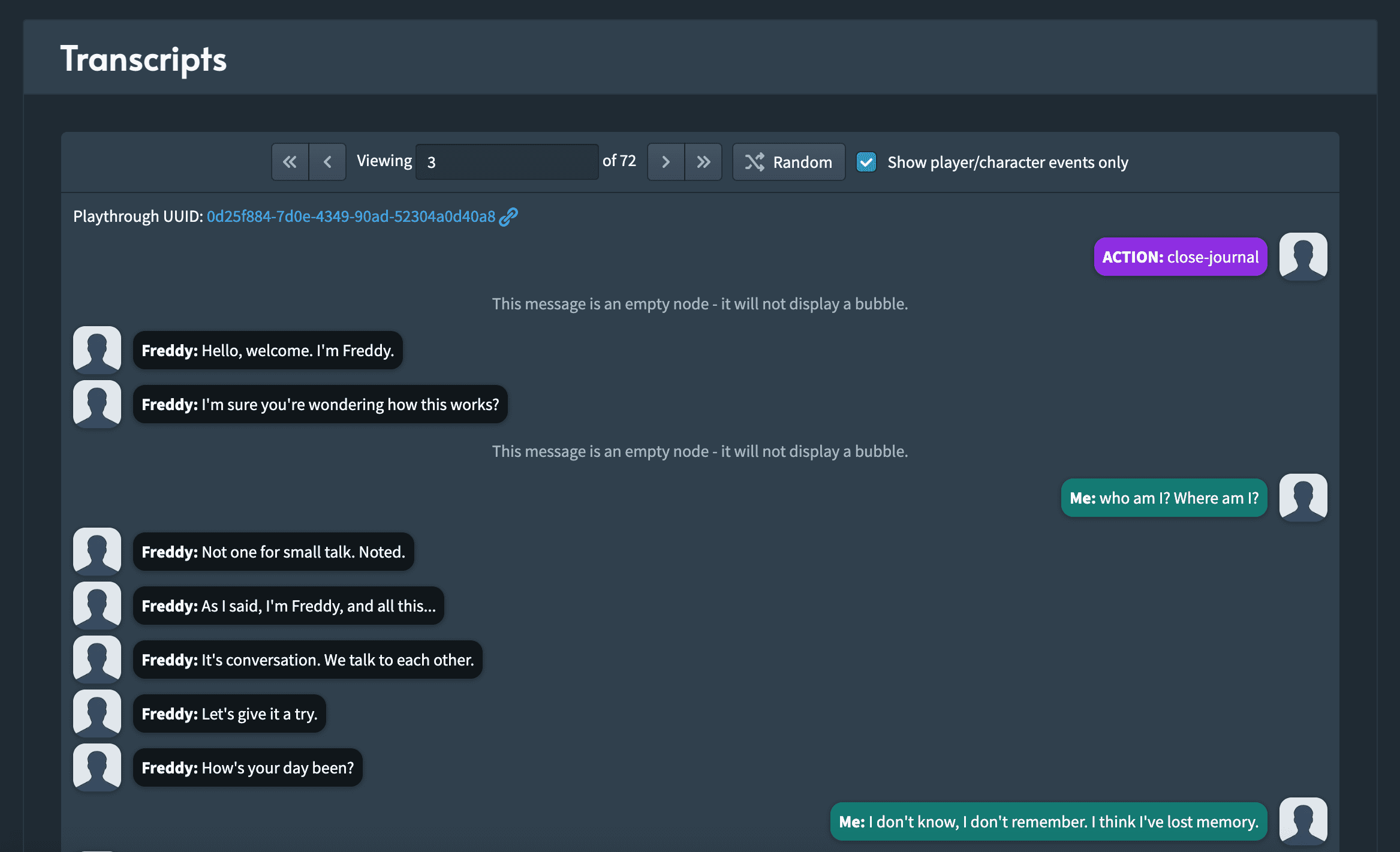 Transcripts feature showing a number of message bubbles for all the events that happened in a playthrough