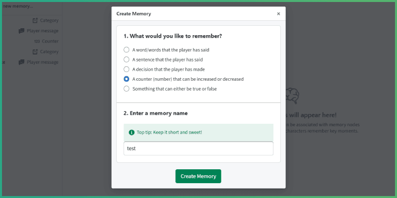 Popup in Charisma, showing the creation of a new character memory