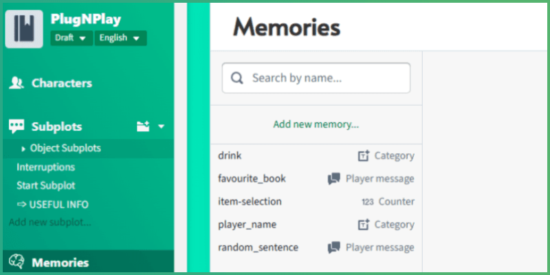 Charisma memory page, with the Memories tab highlighted