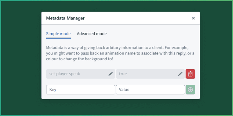 Charisma meta data panel with set-player-speak meta data filled in