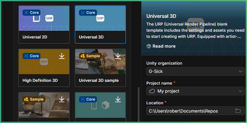 Creating a new Unity project in Unity Hub
