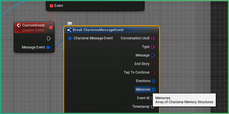 Charisma playthrough message in unreal blueprint graph, with all of its variables exposed