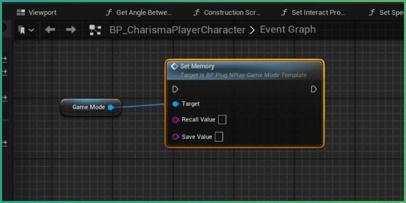 Calling SetMemory function on the game mode object in unreal blueprint graph