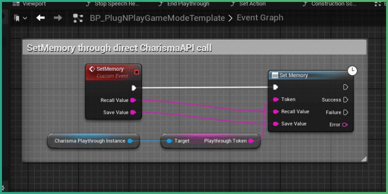 Charisma SetMemory event in unreal blueprint graph